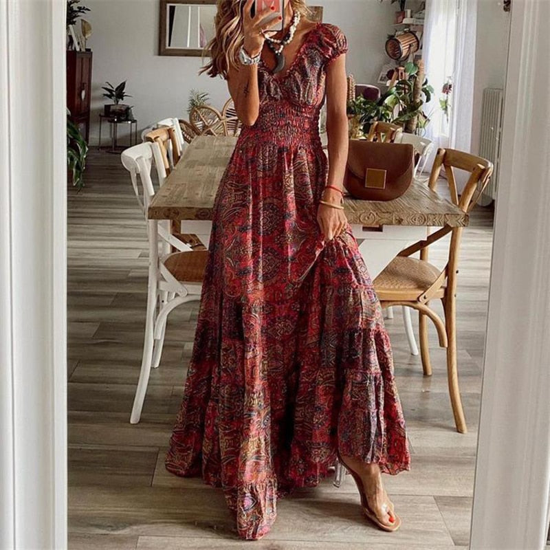 Women Vintage Print Maxi Dresses Summer Casual V Neck Short Sleeve Elastic Waist Dress Female Boho Beach Big Swing Long Dresses