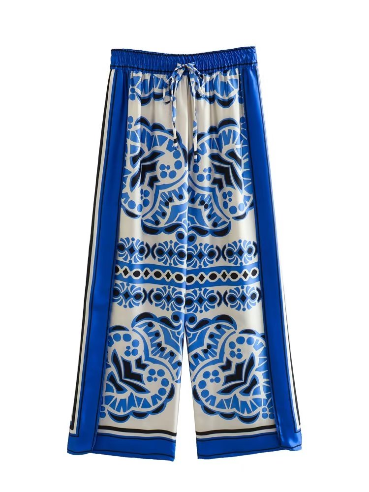 Woman Shirts Pants Sets New Summer Geometric Print Loose Long sleeved Shirts Fashion Elastic Waist Wide Leg Pants Outfits