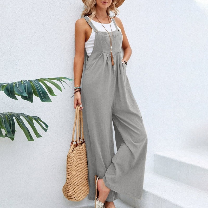 Vintage Cotton Linen Jumpsuit Women 2023 Casual Solid Button Wide Leg Suspender Pants with Pockets Summer Loose Overalls Rompers Grey