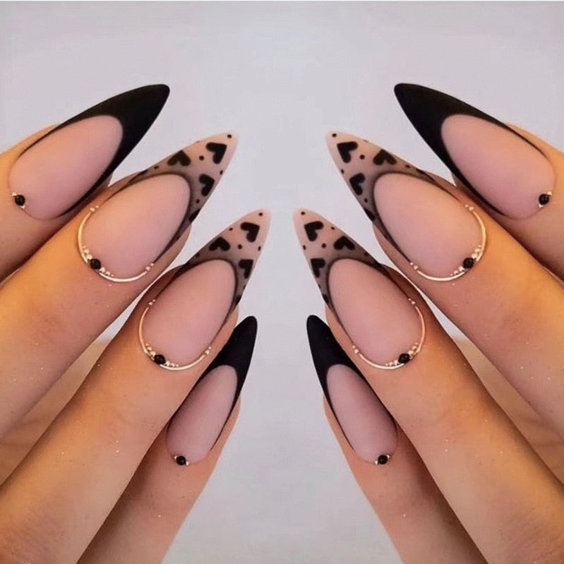 Long Stiletto False Nails Black Edge French Gold Thread Black Rhinestones Design Wearable Fake Nails Press On Nails Manicure Tip 1