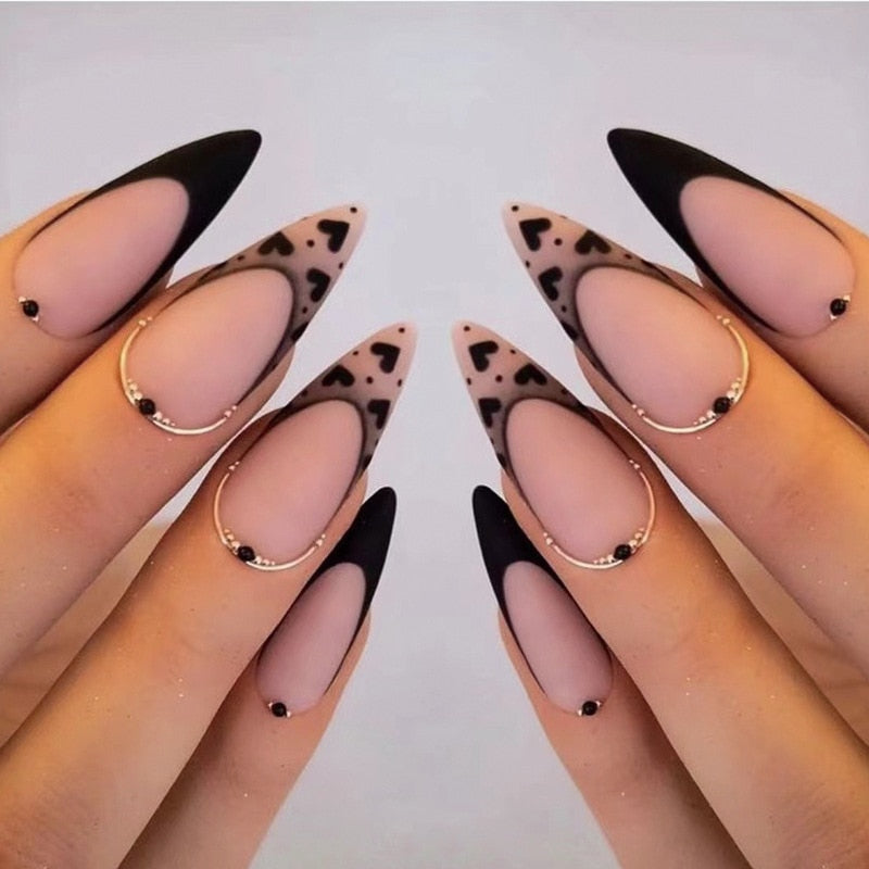 Long Stiletto False Nails Black Edge French Gold Thread Black Rhinestones Design Wearable Fake Nails Press On Nails Manicure Tip 1