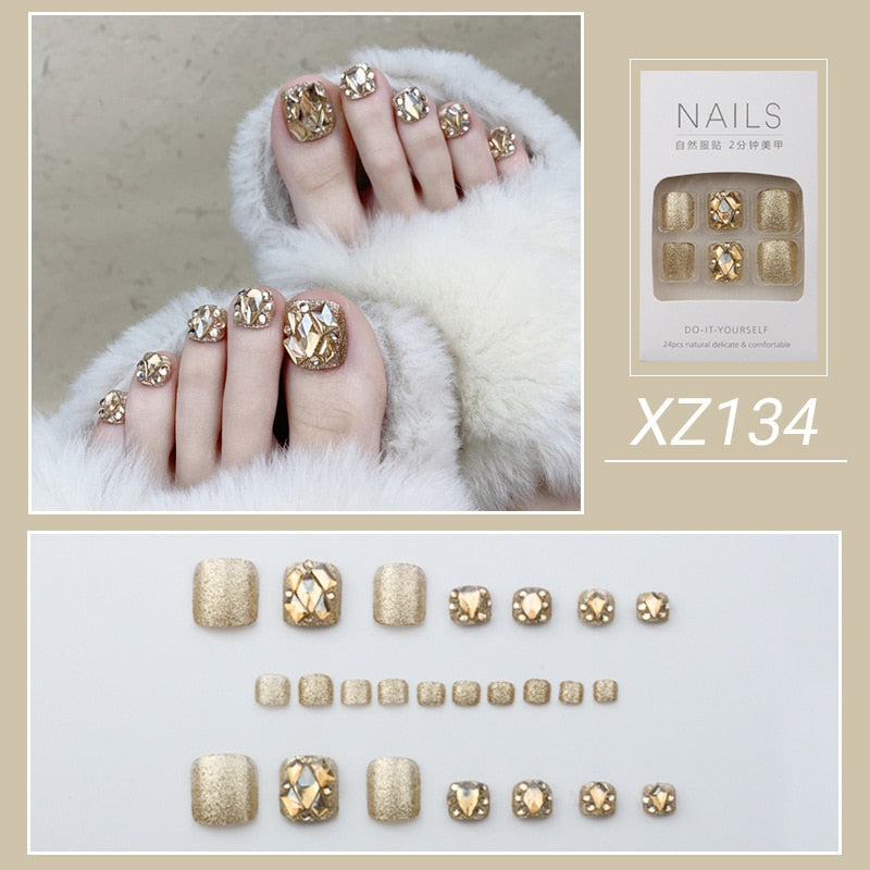 Summer Gold Full Diamond Feet Nails Press On Fake Glitter Toe Nail Stickers Full Cover Toe Nail Tips False Foot Nails