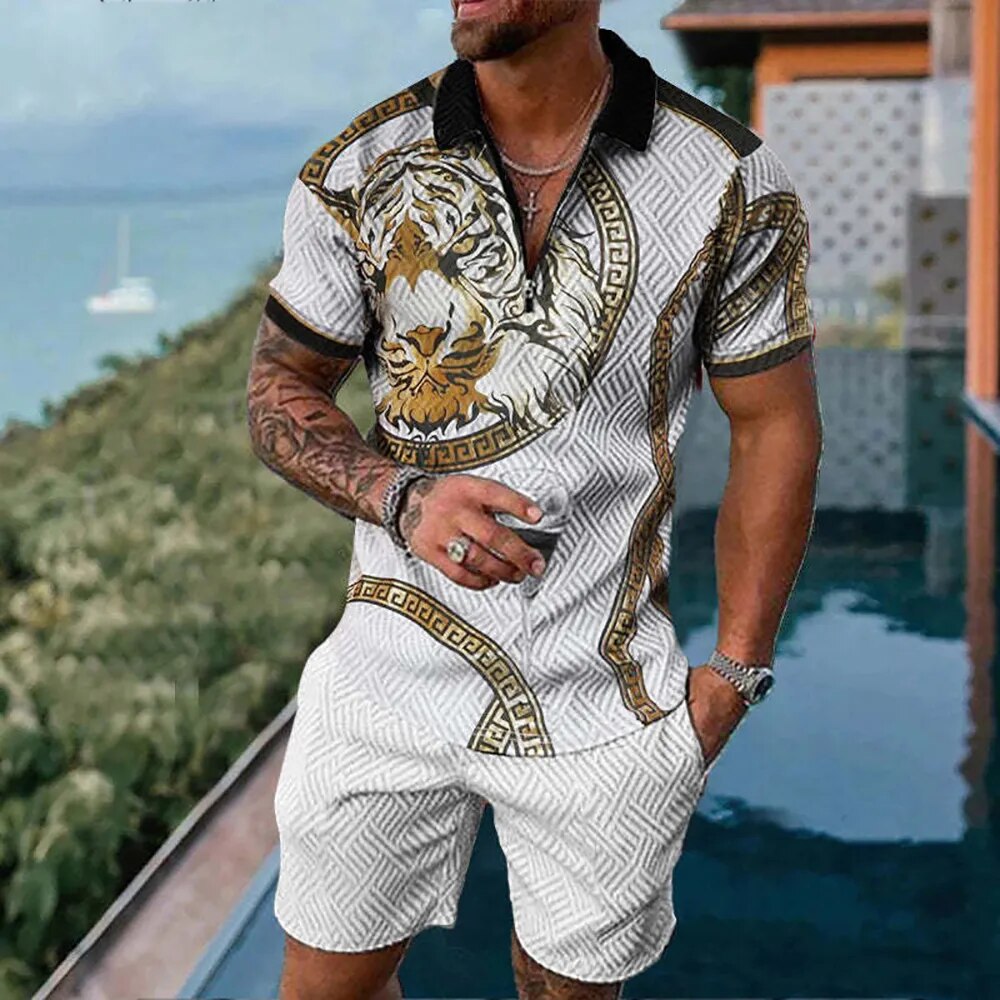 summer men's Polo shirt short sleeve 3D printing luxury retro Polo suit shirt flannel collar sportswear leisure suit 2-piece 1