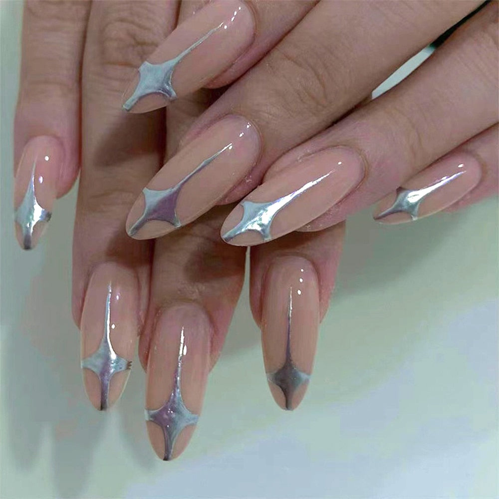 24pcs/box Fake French y2k Nails Press On Long Stiletto Almond Shape Wearable False Nails With Stars Designs Full Cover Nail Tips style2
