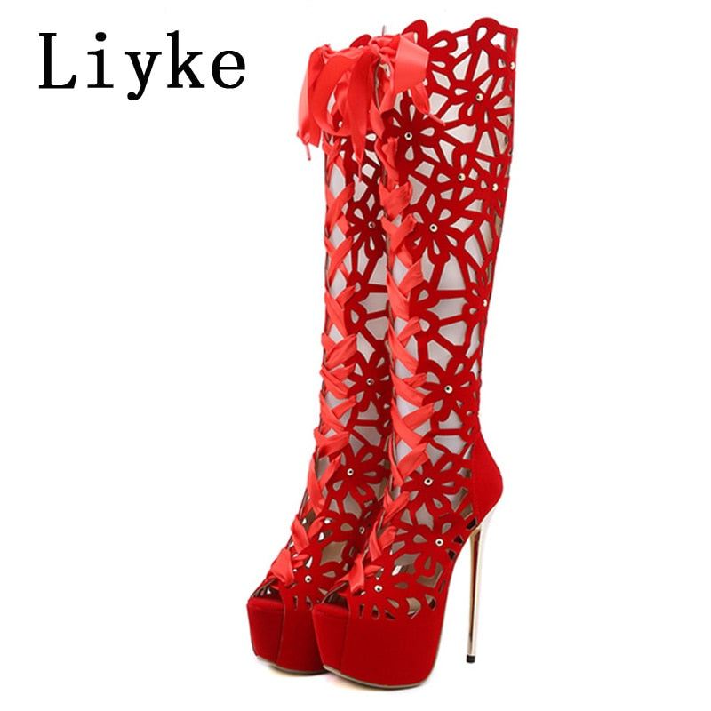 Liyke 16CM Ultra Thin High Heels Sexy Nightclub Hollow Out Over The Knee Boots Women Peep Toe Lace-Up Zip Platform Shoes Sandals Red