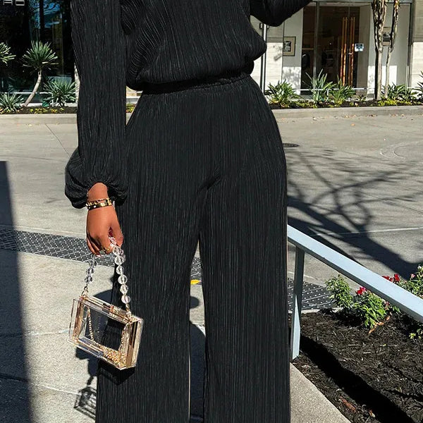 High Elasticity Two Piece Set for Women Long Sleeve O neck Tops Women's Tracksuit Female Casuals Home Loose Wide Leg Pant Sets Black