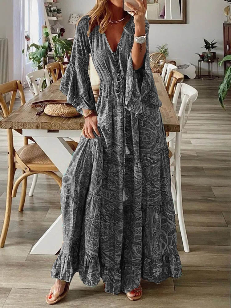 Women Vintage Print Long Dress 2023 Summer Sexy V Neck Short Sleeve A-line Dress Female Elegant Elastic Waist Maxi Dresess Robe EA08432-Grey