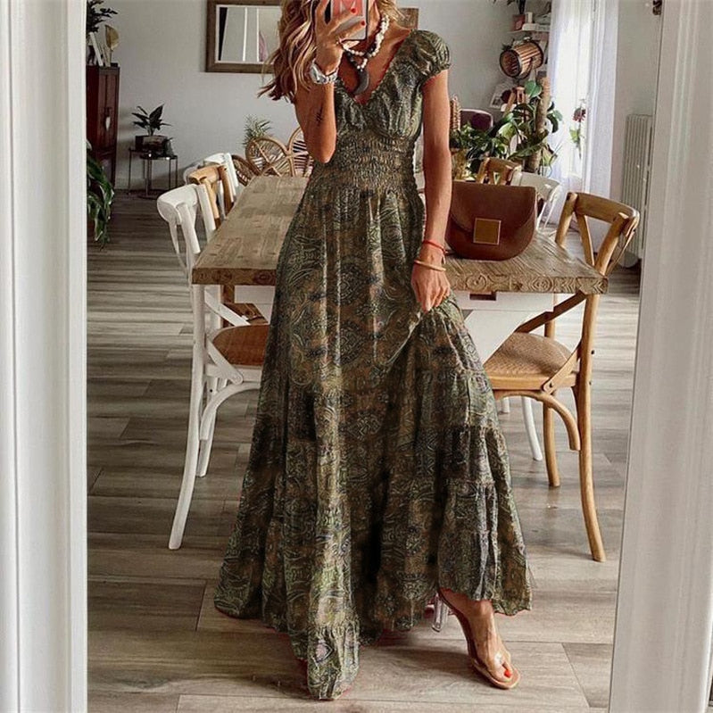 Women Vintage Print Maxi Dresses Summer Casual V Neck Short Sleeve Elastic Waist Dress Female Boho Beach Big Swing Long Dresses EA07932-Coffee