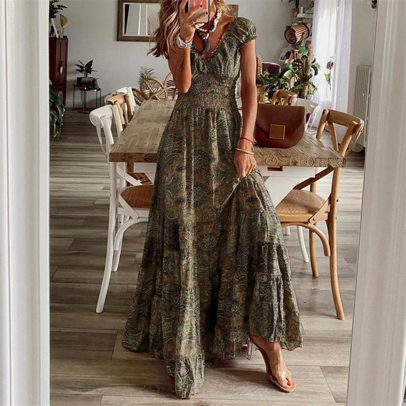 Women Vintage Print Maxi Dresses Summer Casual V Neck Short Sleeve Elastic Waist Dress Female Boho Beach Big Swing Long Dresses