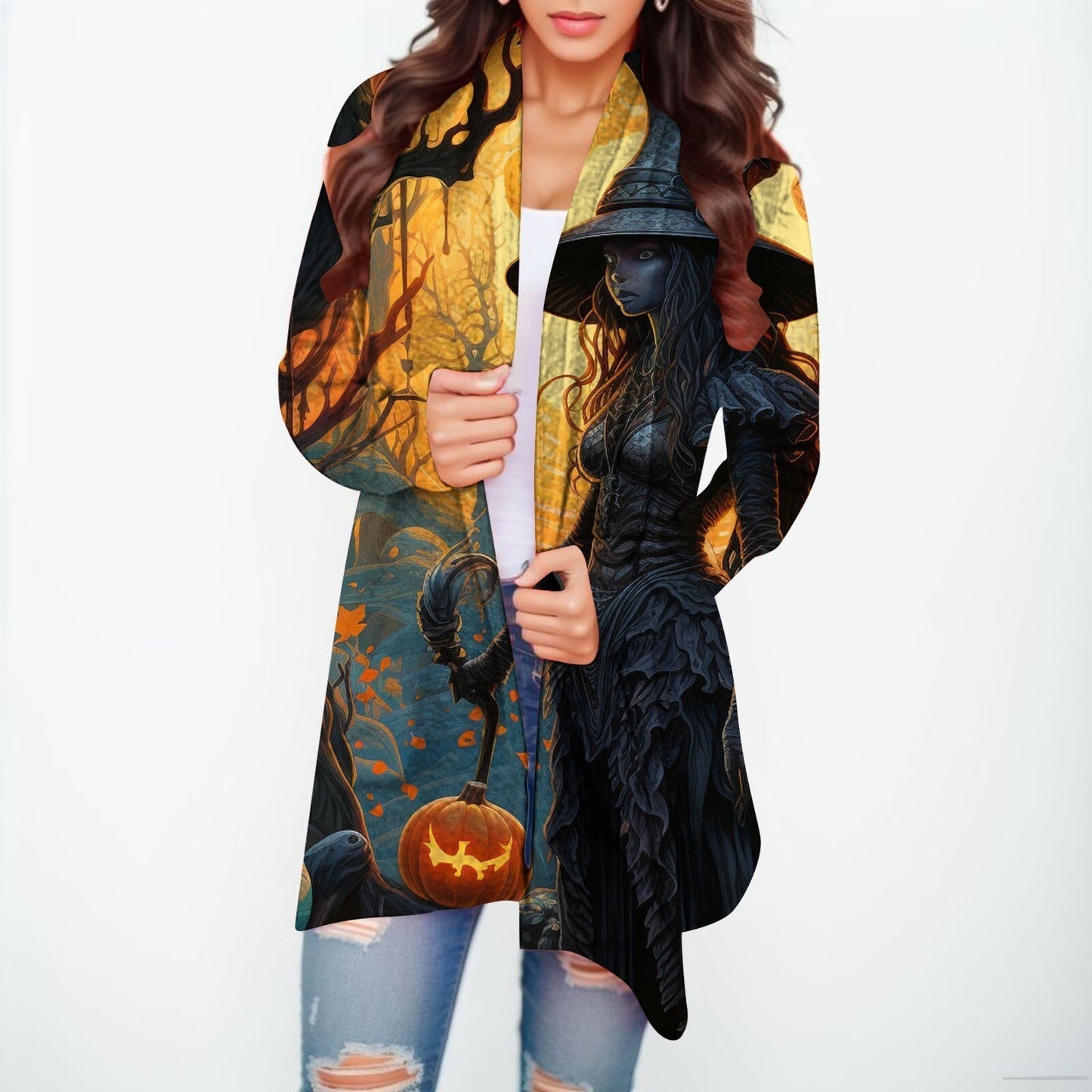 Halloween Print Women's Cardigans Witch Spider Web Fun Graphic Open Front Coat Cardigan With Pockets Fall Casual Coat Jackets