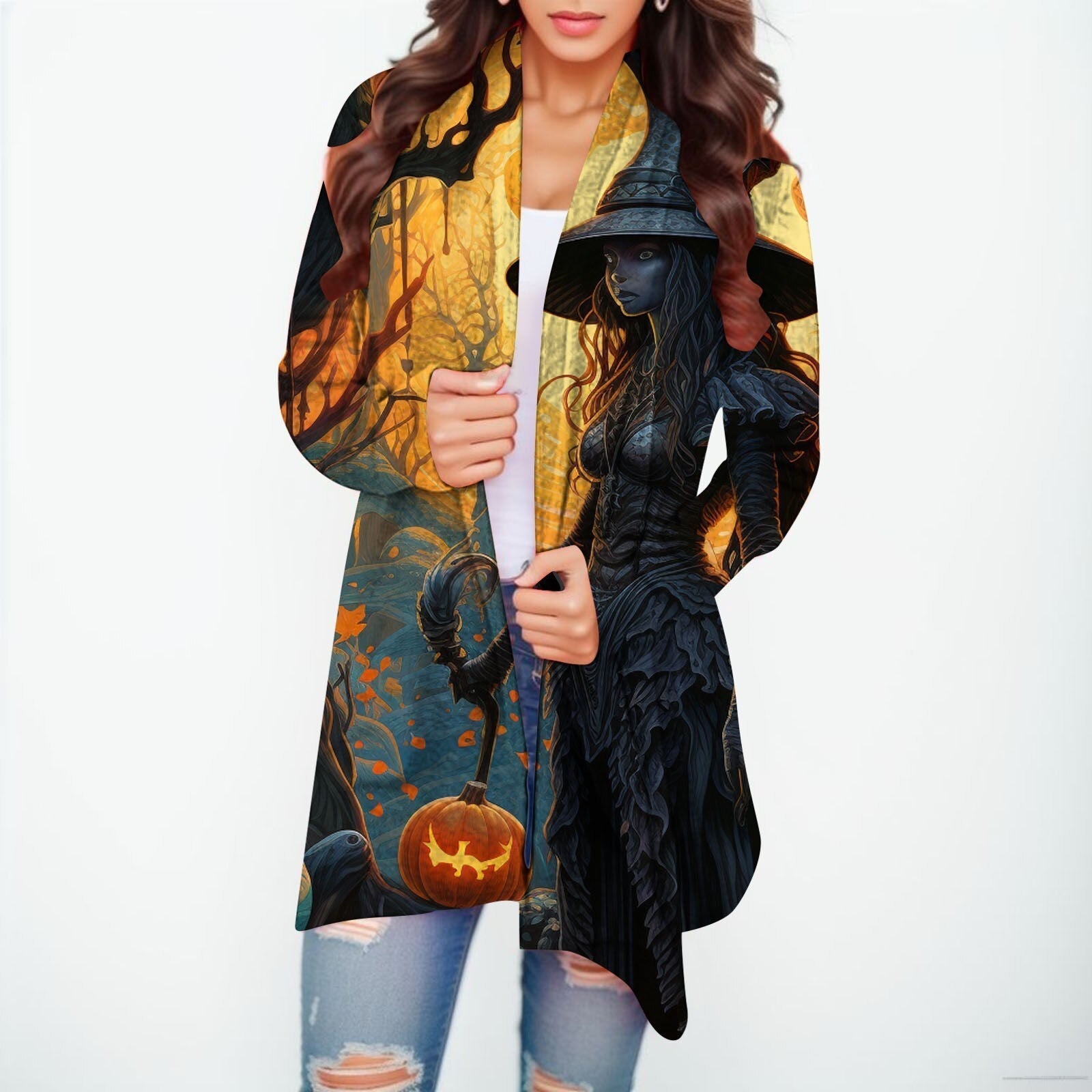 Halloween Print Women's Cardigans Witch Spider Web Fun Graphic Open Front Coat Cardigan With Pockets Fall Casual Coat Jackets A