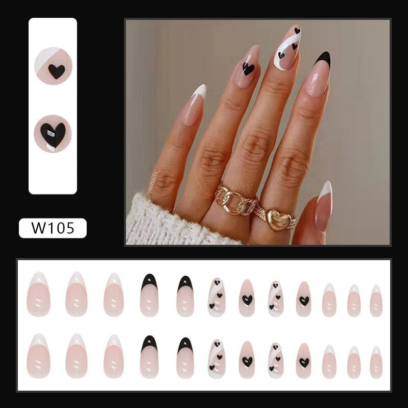 24Pcs/Set Fake Nails With Glue Full Cover Nail Tips Press On Med Nails DIY Manicure Oval Head False Nails Pink Almond Artificial W105 -24Pcs-Set