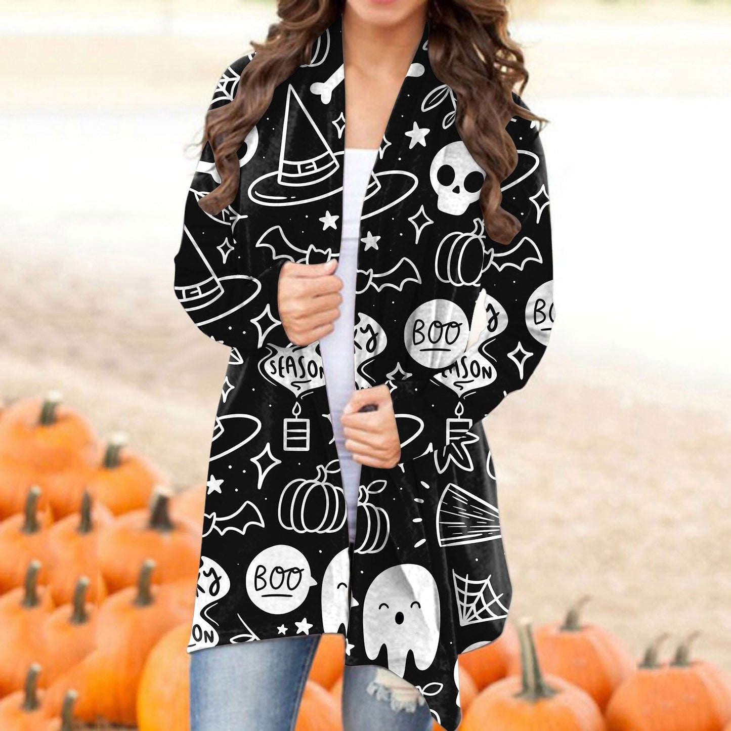 Autumn Winter Cardigan Women Halloween Skull Print Casual Open Stitch Lady Elegant Sweater Coat Casual Blouse Clothes Streetwear