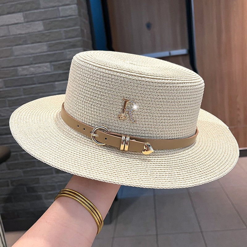 2023 New Metal R Letter Buckle Straw Hat Leisure Summer Sunscreen Hat Women's Fashionable Beach Hat Vintage Hat Church Hats