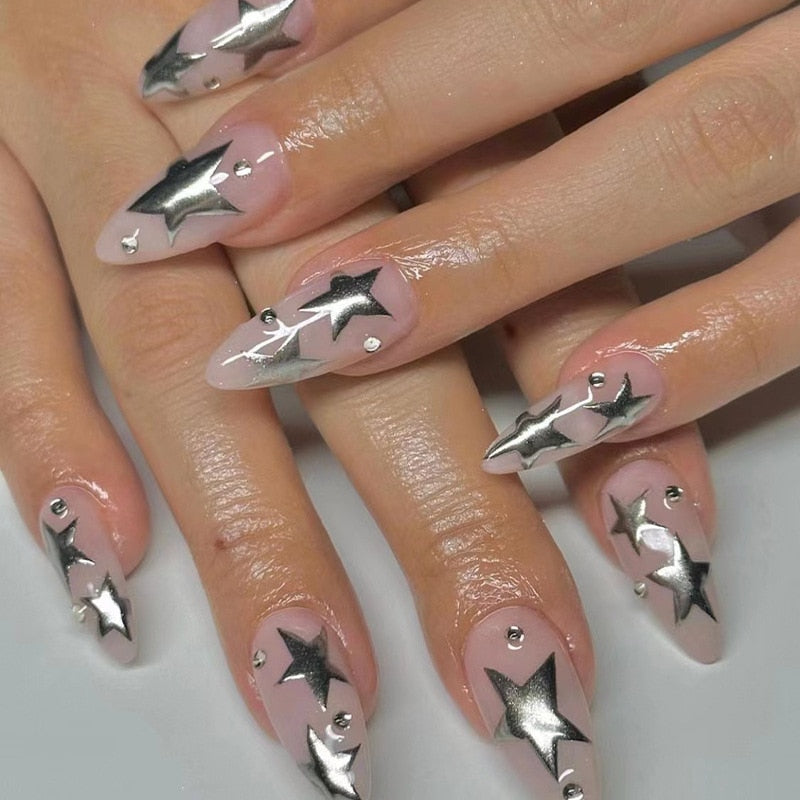 Sweet Cool Silver Stars Rhinestone Wearable Almond Shape Fake Nails Y2K Finished False Nails Press on Nails with Glue Wholesale MT1234JP2381
