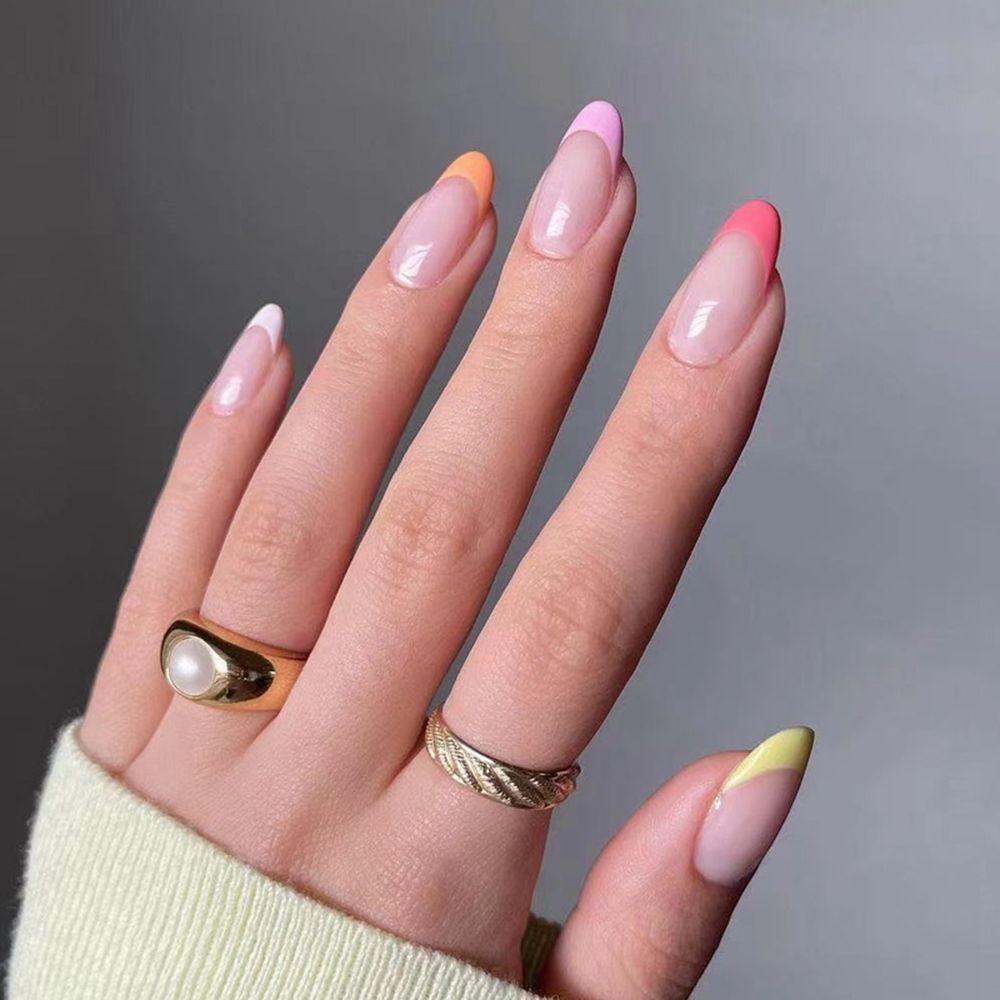 24Pcs/Set Fake Nails With Glue Full Cover Nail Tips Press On Med Nails DIY Manicure Oval Head False Nails Pink Almond Artificial