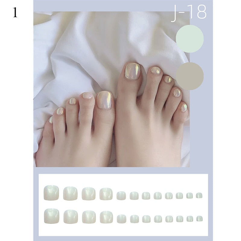 False Toenail 24Pcs/Box Toe Nail 3D Glitter Decor Press On Fake Nails With Glue Detachable Square Short Full Cover DIY Nail Tips B-1