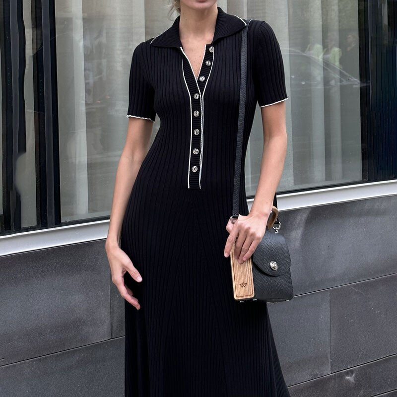 Tossy White Knit Fashion Maxi Dress Women Short Sleeve Patchwork Elegant Party Dress Knitwear Lapel High Street Women's Dress Black