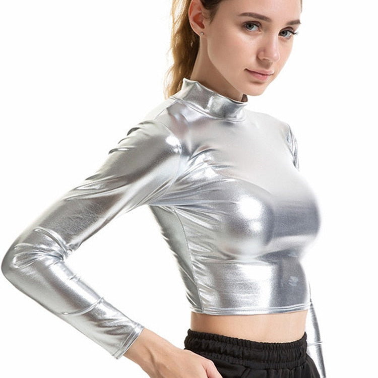 PU Short Top Women Shiny Leather Top High Street Turtleneck Dance Clubwear Long Sleeve Tops Gold Silver Costumes T shirt