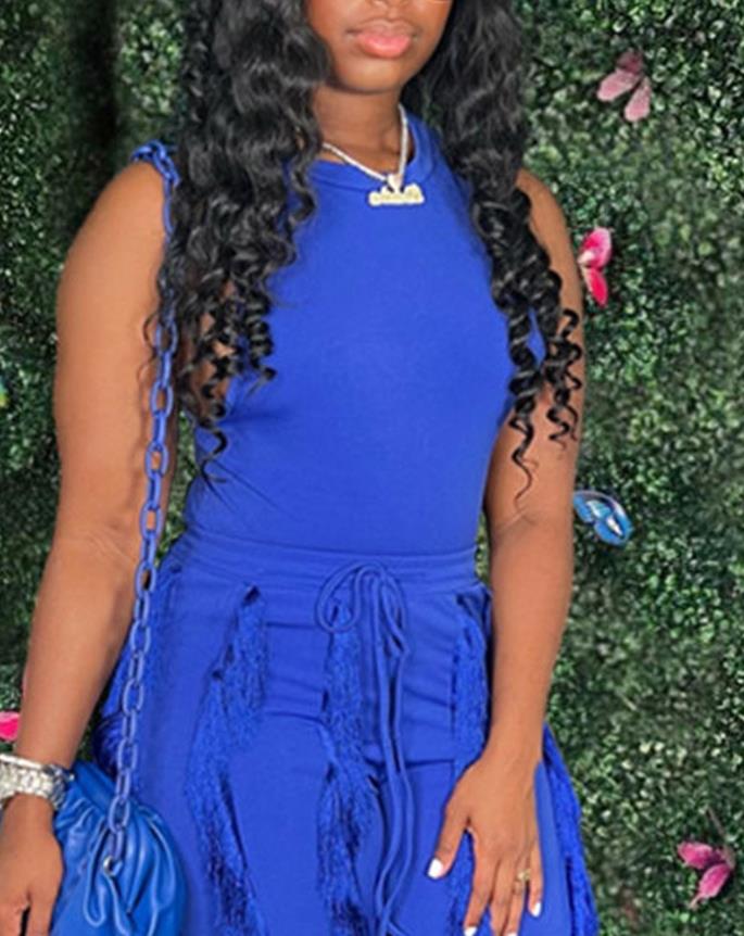 Fashion Solid Romper Casual Tank Top & Tassel Decor Drawstring Pants Set Skinny Tank Jumpsuits Summer Female Outfit Streetwear E