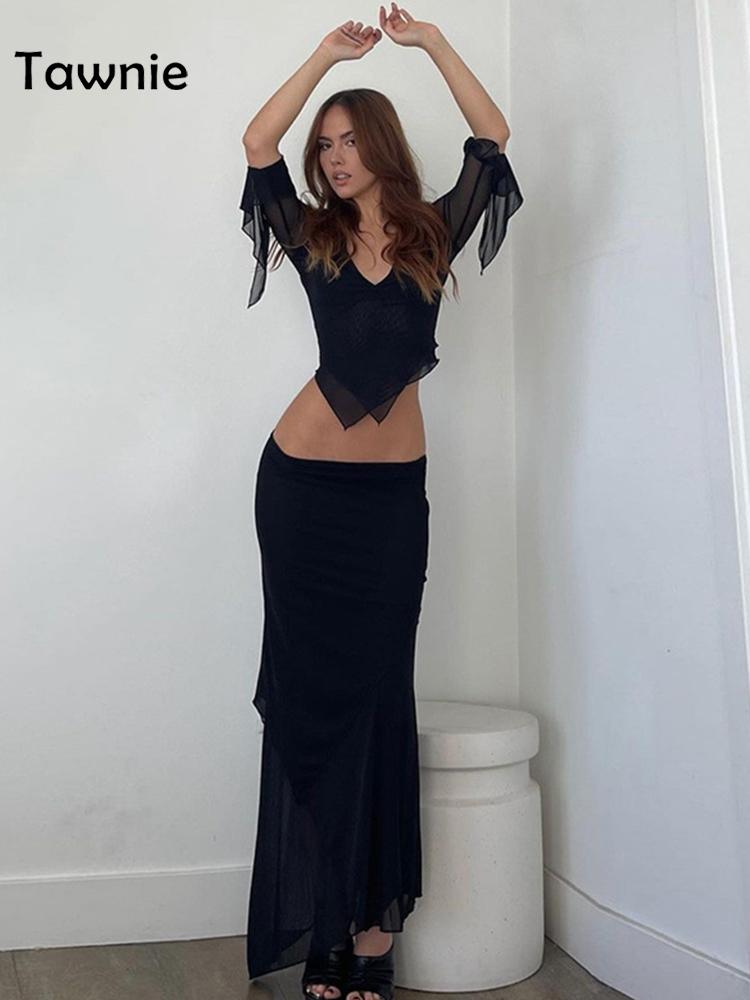 Tawnie Y2K Mesh Skirt 2 Pieces Sets Women 2023 Summer Casual V Neck Long Sleeve Crop Top Bodycon Maxi Skirt Matching Sets Outfit