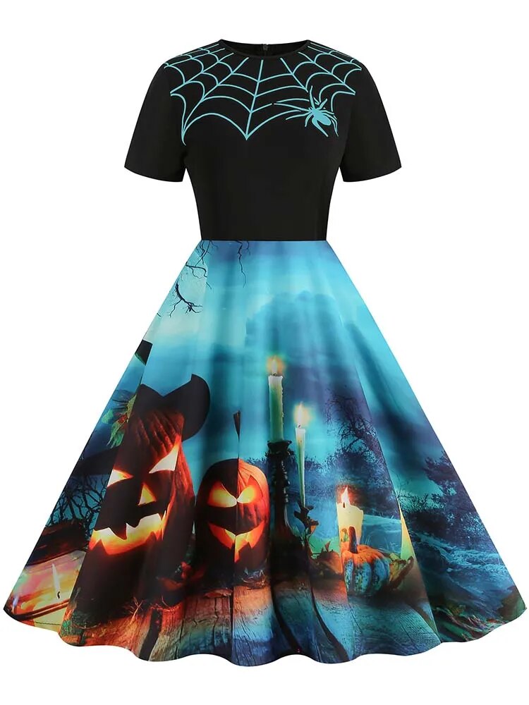 Women Halloween Costumes Dresses Short Sleeve Print Autumn Winter Vintage Party Dress Vestidos