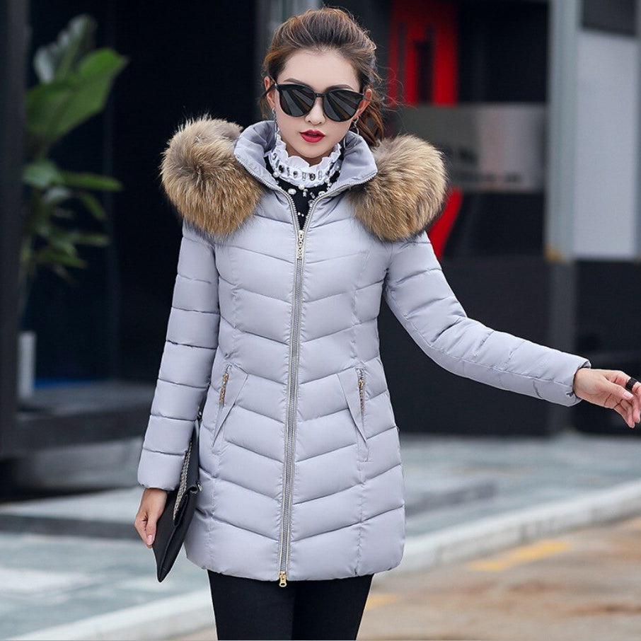 Women's Down Jacket 2024 Winter Woman Korean Style Long Zipper Slim Coats Big Fur Collar Hooded Padded Parka Jacket Female Gray