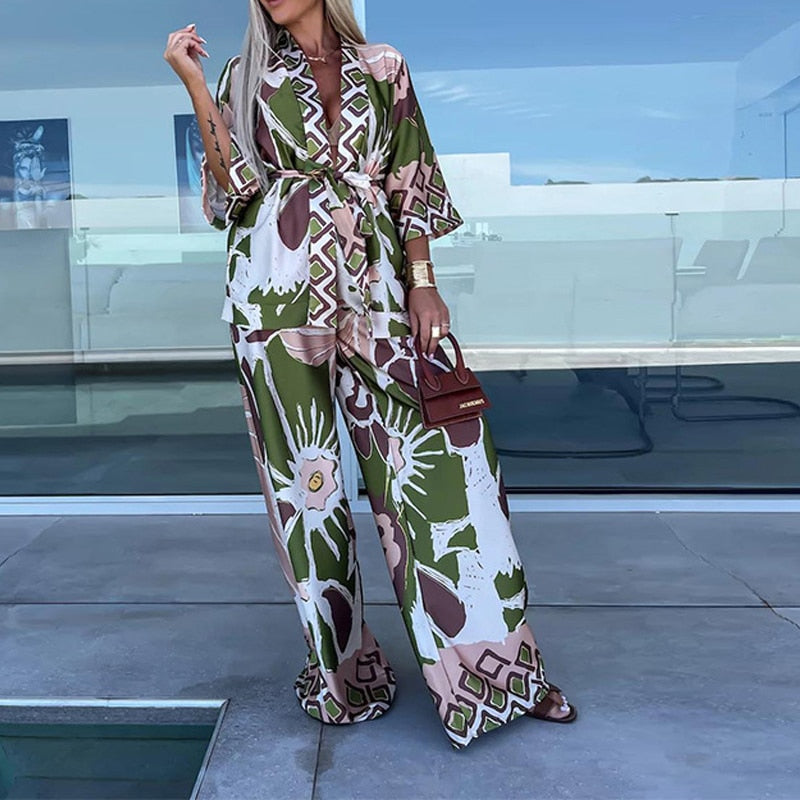 Fashion Casual Bohemia Print Loose Beach Set Spring Wide Leg Long Pants Suits Autumn Women Quarter-Sleeved Cardigan Shirt Outfit 2