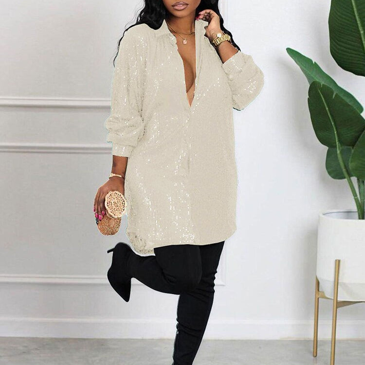 Elegant Evening Party Short Shirt Dress for Women Outfit Luxury Sequin Long Sleeve Spring Fall Birthday Club Dresses Vestidos