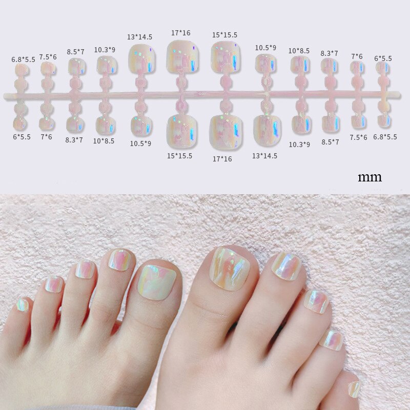 False Toenail 24Pcs/Box Toe Nail 3D Glitter Decor Press On Fake Nails With Glue Detachable Square Short Full Cover DIY Nail Tips