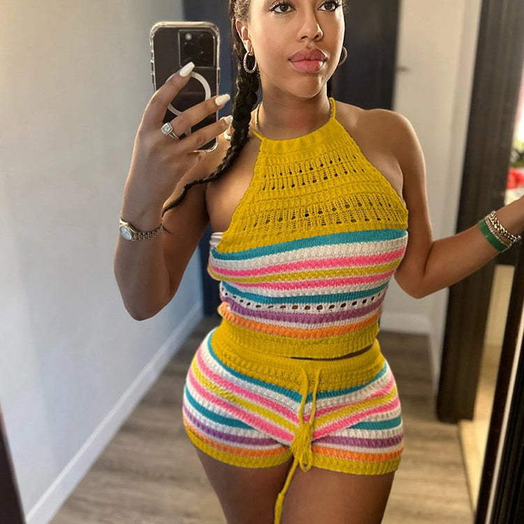 Wishyear Sexy Backless Halter Crop Top and Shorts Suit Two Piece Sets for Women Tracksuit Knitted Crochet Co Ord Summer Outfits Yellow CN