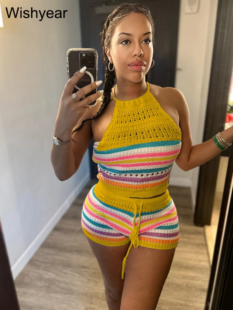 Wishyear Sexy Backless Halter Crop Top and Shorts Suit Two Piece Sets for Women Tracksuit Knitted Crochet Co Ord Summer Outfits Yellow CN