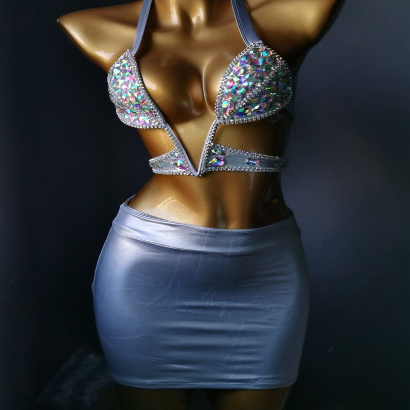 Customized Luxury Rhinestone Dress Crystal Diamond Nightclub Bikini Split Skirt Suit