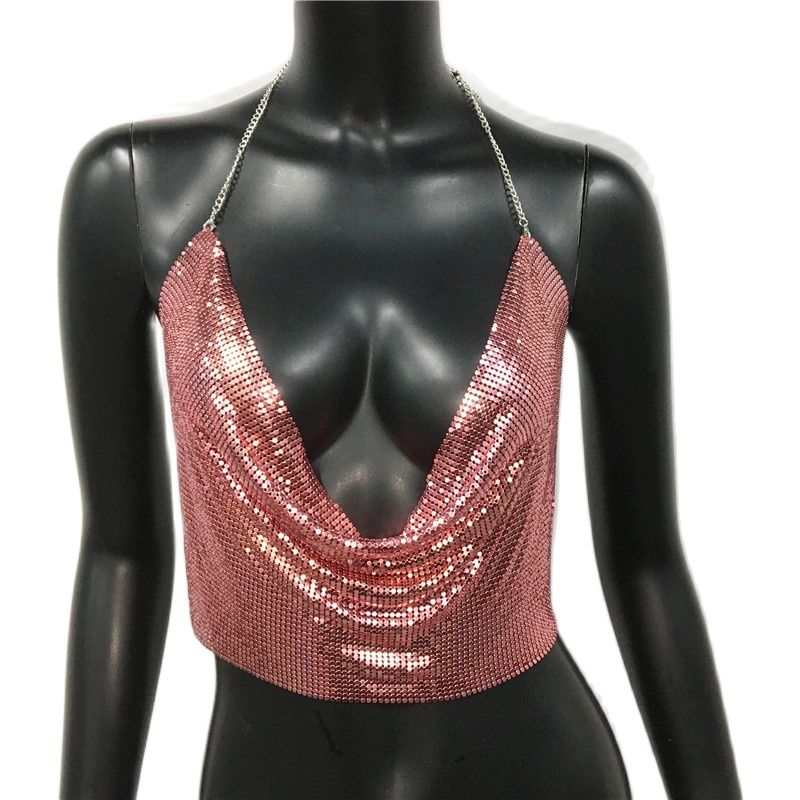 Women Sexy Metal Sequined Tank Camis Summer Gold Silver Backless Cropped Glitter Beach Club Show Wear Tank Tops Pink 25 cm One Size