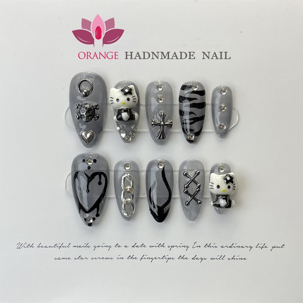 Acrylic Press on Nails With 3d Designs Kawaii Cat Cute Full Cover Artificial Nails Black Color Handmade Japanese Manicuree Nails Spain
