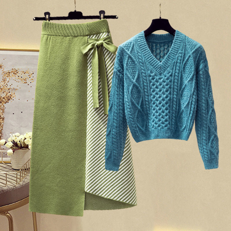 Spring V-neck Knitted Sweater Pullover Personality Asymmetrical Twill Skirt Two-piece Elegant Women's Skirt Set Party Dresses 2 pcs set 02
