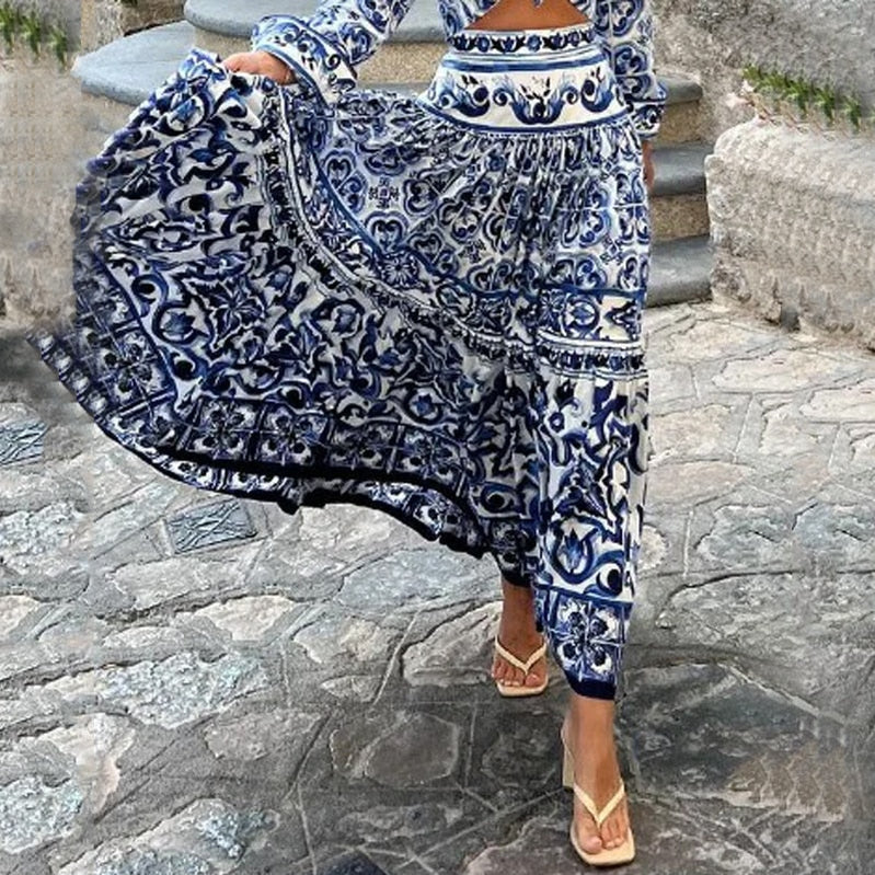 Women 2 Piece Sets Autumn Skirt Sets Sexy Lapel Porcelain Print Sets To Dress Bare Waist Long Sleeves Party Outfit