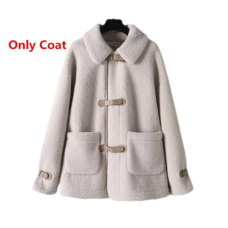 Women's Autumn Winter Lamb Coats Plaid Skirts Bottoming Tops 1 or 3 Piece Set Korean Lady Graceful Outfits Preppy Style Suits Only Coats