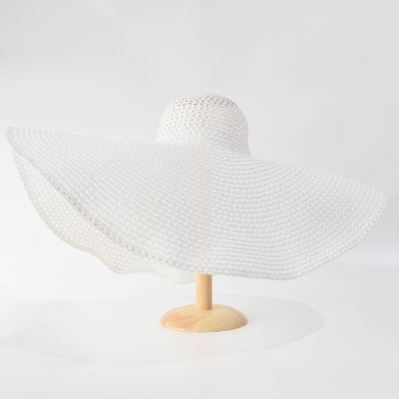 Summer 70cm Large Wide Brim Sun Hats For Women Oversized Beach Hat Foldable Travel Straw Hat Lady UV Protection Sun Shade Hat hollow white 54-57cm