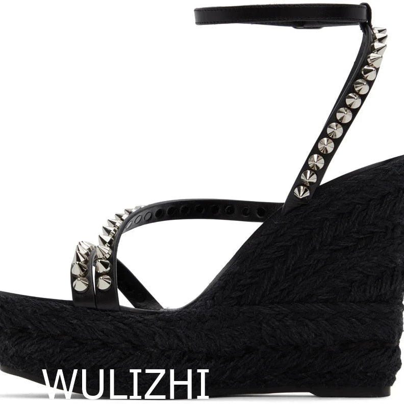 Women's Candy Color Rivet Design Wedge Sandals Summer Casual Open Slingback Platform Pink Yellow Sandals Cross Wrap Buckle Shoes as picture 1