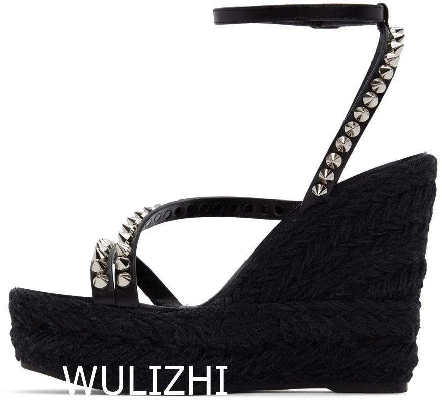 Women's Candy Color Rivet Design Wedge Sandals Summer Casual Open Slingback Platform Pink Yellow Sandals Cross Wrap Buckle Shoes as picture 1