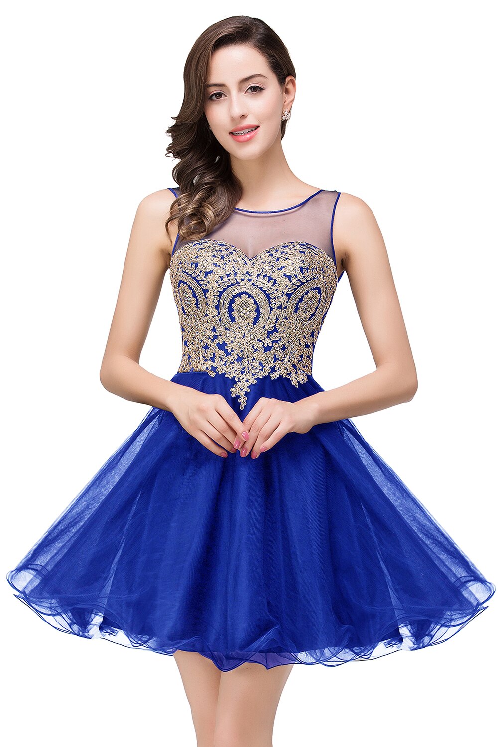 Lovely Short Homecoming Gowns Straps V Neck Cocktail Dresses Floral Open Back Sleeveless Wedding Party Gowns Mini Prom Dress Tulle Royal blue