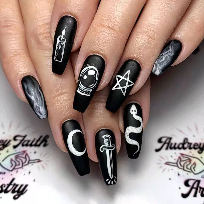 Sea Wave Carp Japanese Style Doodle False Nails Detachable Nude Pink Long Coffin Fake Nails with Glue Full Cover Press on Nails MT659JP1555