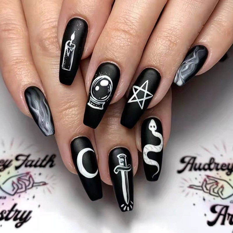 Sea Wave Carp Japanese Style Doodle False Nails Detachable Nude Pink Long Coffin Fake Nails with Glue Full Cover Press on Nails