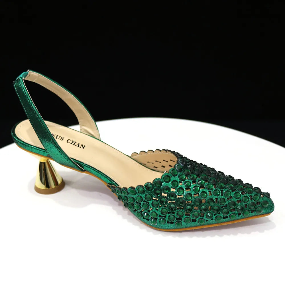 Venus Chan High Heels for Lady Luxury Designer Green Color Full Diamond Pointed Toe Wedding Shoe and Bag Set for Party