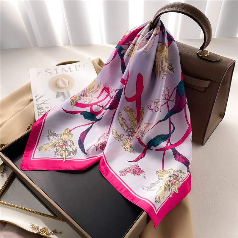 Fashion Hair Scarf for Women Decor Headband Ribbon Satin Silk Square Scarves Lady Wrist Wrap Shawls Design Bandana Foulard FJ703-3