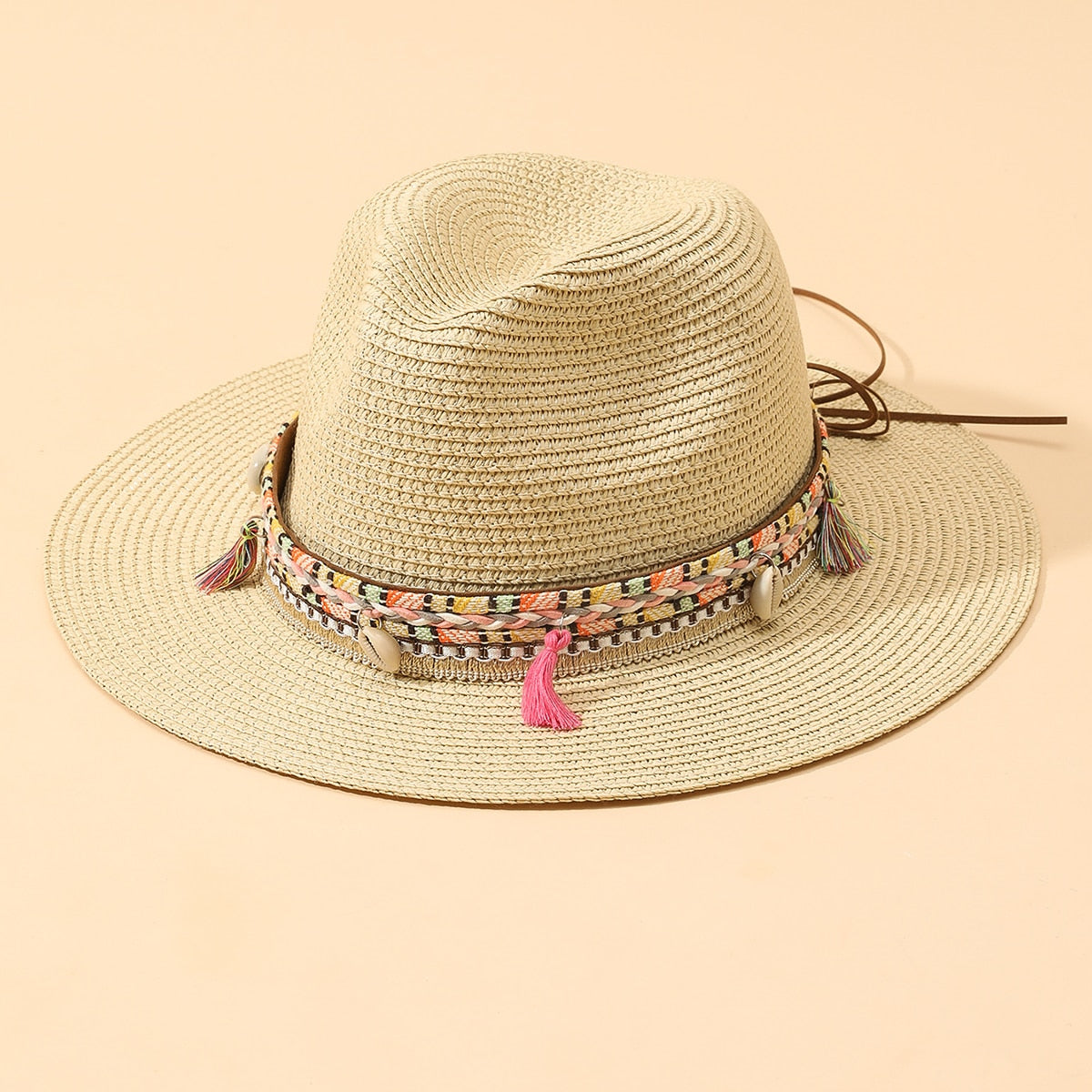 Women Pink Tassel Cowboy Hat Floppy Beach Hats Summer Straw Hats Ladies UV Protection Hat Panama Sun Hat beige 1