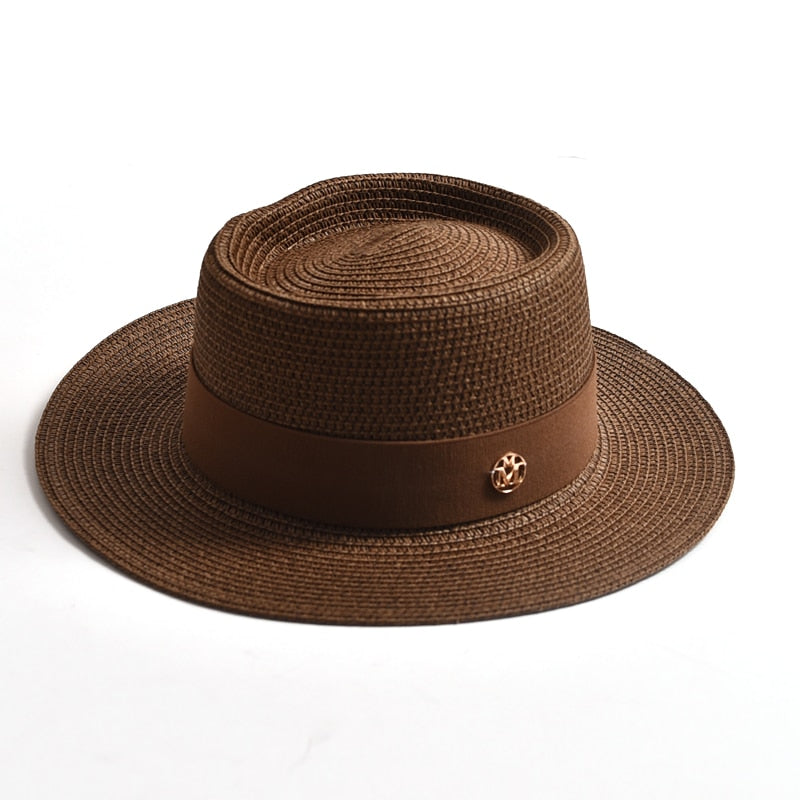 New Summer Straw Sun Hats for Women Ladies Fashion Flat Brim Ribbon Beach Hat Travel Dress Cap chapeau femme coffee 56-58CM