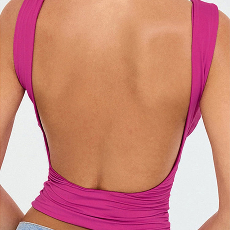 Mozision Stretch Pleated Cups Pretty Sexy Tops Women V Neck Sleeveless Backless Tank Tops Female Skinny Sexy Party Crop Tops