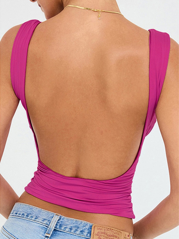 Mozision Stretch Pleated Cups Pretty Sexy Tops Women V Neck Sleeveless Backless Tank Tops Female Skinny Sexy Party Crop Tops